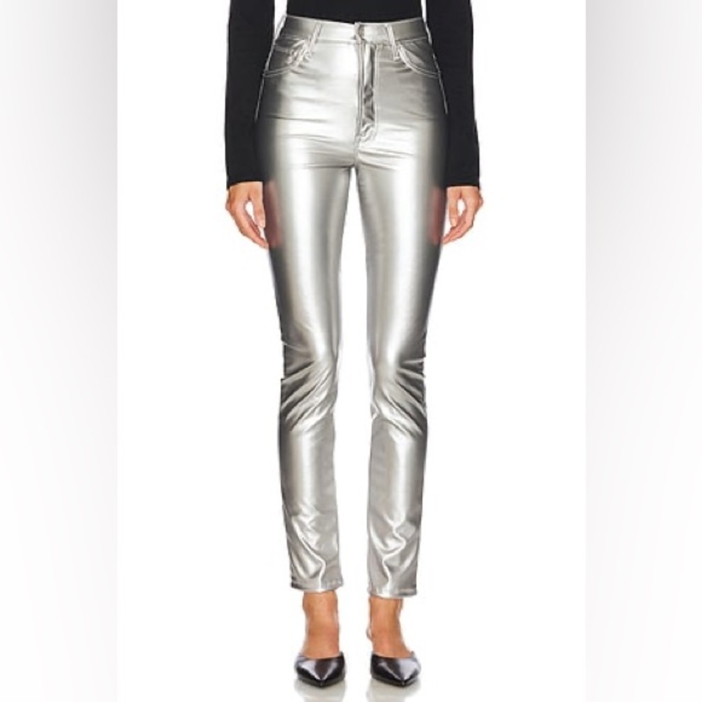 MOTHER Size 26 Silver Dagger High Waist Faux Leather Jeans New